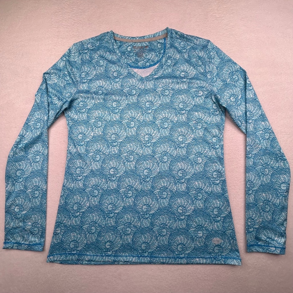 Reel Legends Womens Long sleeve Performance Fishing Shirt Teal Blue Shell print